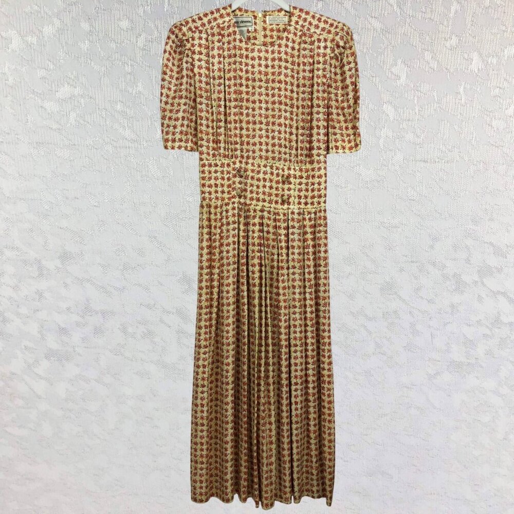Karin Stevens Vintage 100% Rayon Floral Midi Dress Cottagecore Cream&Orange Sz 6